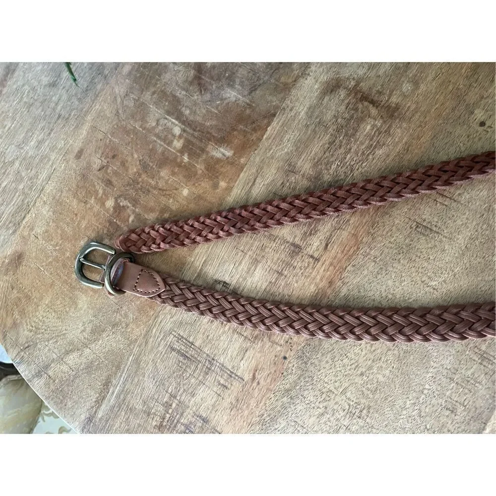 Braided Tan Leather Belt with Antique Brass Buckle